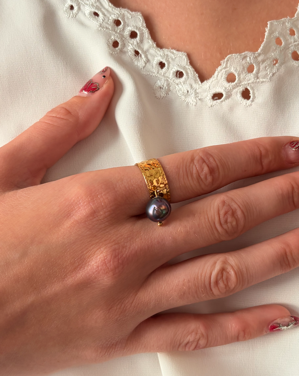 Bague Breloque Perle Eau Douce Noire