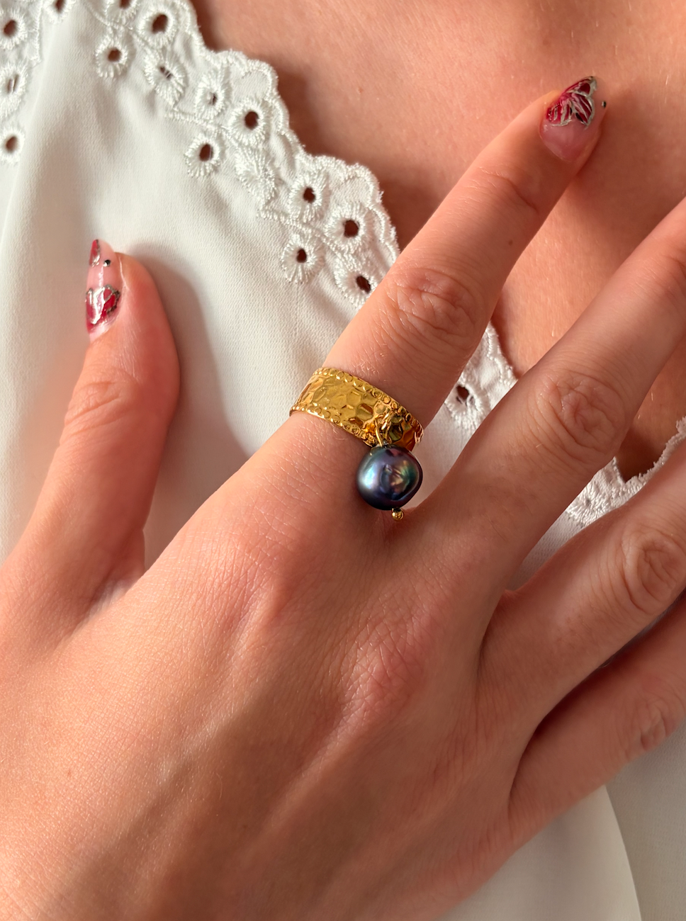 Bague Breloque Perle Eau Douce Noire