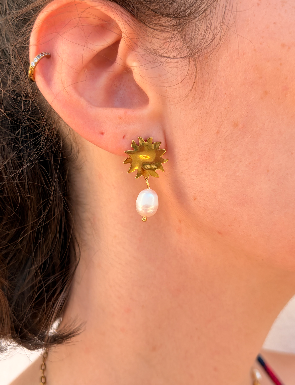 Boucles d'Oreilles Soleil et Perle Eau Douce